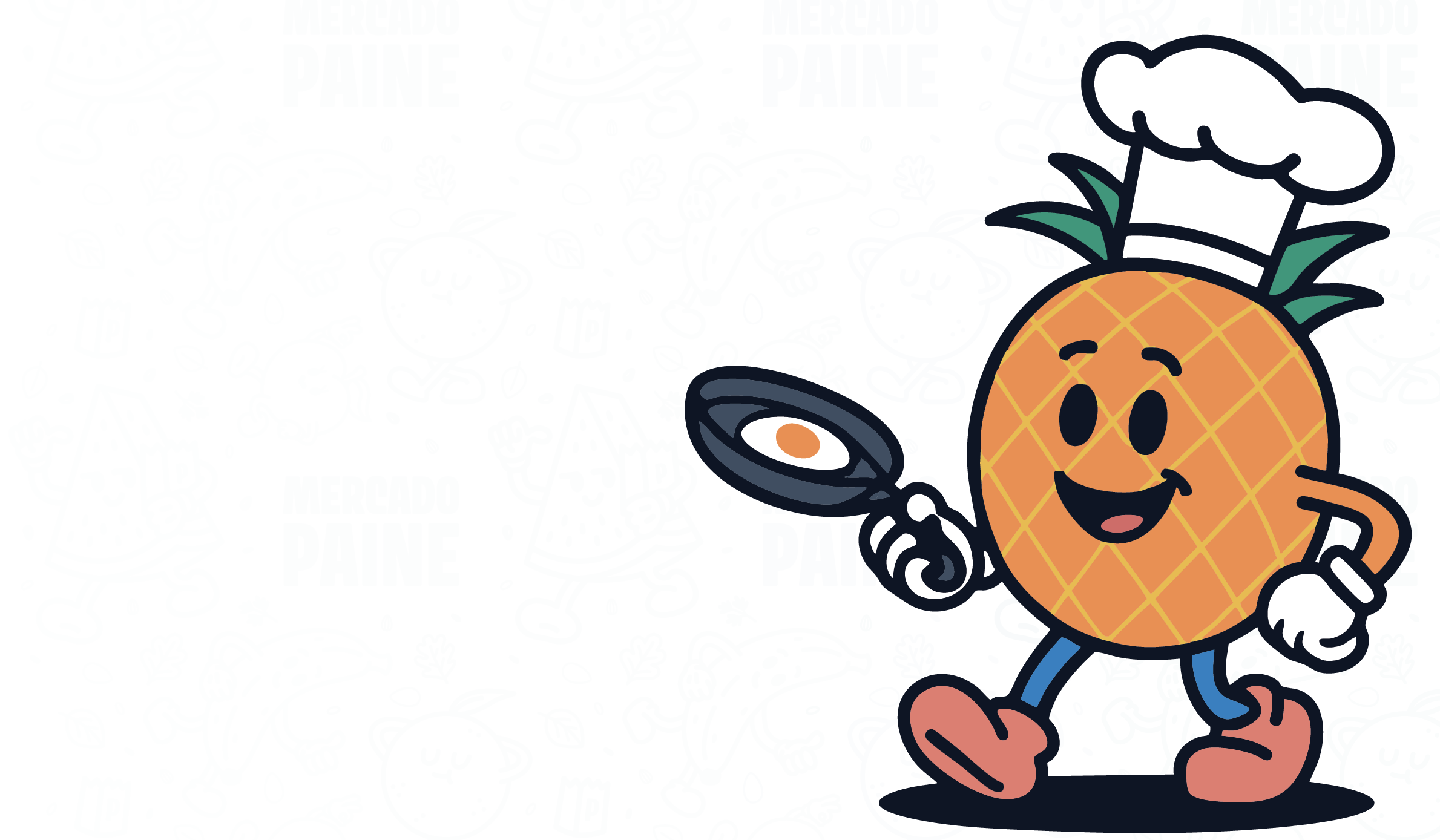 Ilustración piña con sartén en mano cocinando un huevo frito